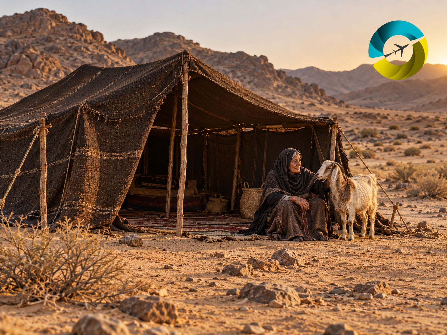 تصور بصري لخيمة بدوية من الصوف في الصحراء، وبجوارها امرأة مسنة وشاة واحدة